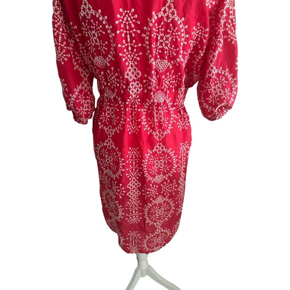 ZARA Red White Embroidered Tie Waist Dress Size Medium - Picture 3 of 9